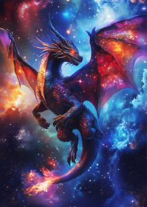 Plakát A majestic dragon with cosmic wings soars through a colorful